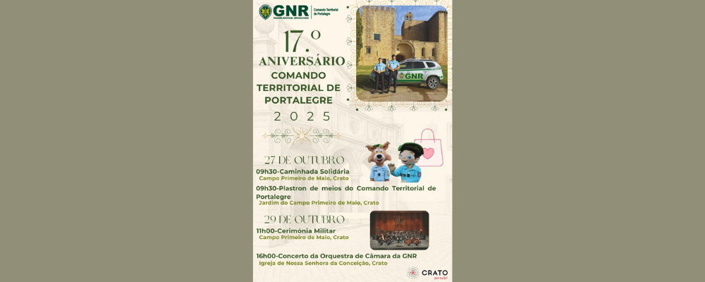 27 e 29 de outubro: GNR comemora o 17.º aniversário do Comando Territorial de Portalegre
